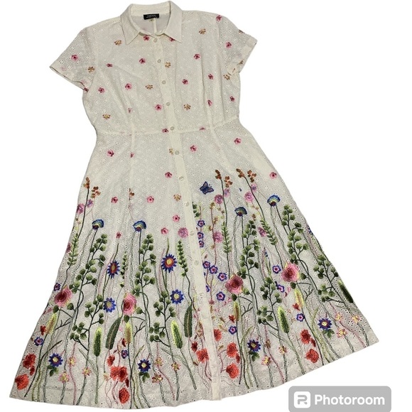 Tahari White Embroidered Floral Button Front Eyelet Pocket Short Sleeve dress - Picture 6 of 11